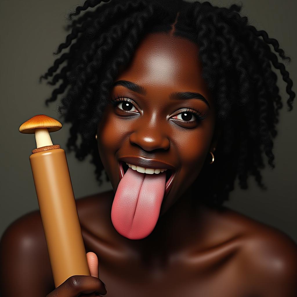  the most beautiful black woman possible sticking her large flat tongue fully out, covered in sweat, holding a tan colored cylinder with a mushroom at the end, award winning, professional, highly detailed, masterpiece