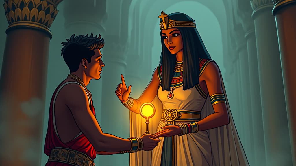  a comic book style draw of an ancient goddess offering a glowing ankh to a person, sense of audacity and reward, atmosphere of being unapologetically oneself. the style is digital art illustration / modern comic book / mysterious occult, symbolic, esoteric vibe,high detail on character design, incorporating ancient egyptian symbology and attire. hyperrealistic, full body, detailed clothing, highly detailed, cinematic lighting, stunningly beautiful, intricate, sharp focus, f/1. 8, 85mm, (centered image composition), (professionally color graded), ((bright soft diffused light)), volumetric fog, trending on instagram, trending on tumblr, HDR 4K, 8K