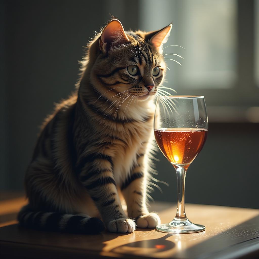  a glass with a cat. hyperrealistic, full body, detailed clothing, highly detailed, cinematic lighting, stunningly beautiful, intricate, sharp focus, f/1. 8, 85mm, (centered image composition), (professionally color graded), ((bright soft diffused light)), volumetric fog, trending on instagram, trending on tumblr, HDR 4K, 8K