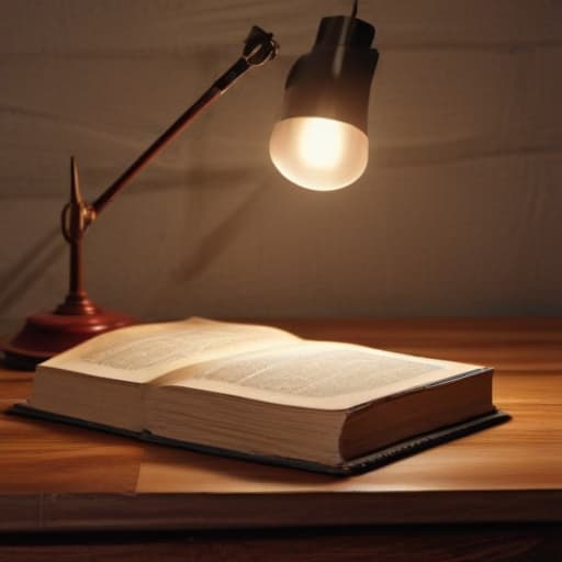 An image of a vintage (((book))) on a wooden table, illuminated by a warm desk lamp, detailed, realistic