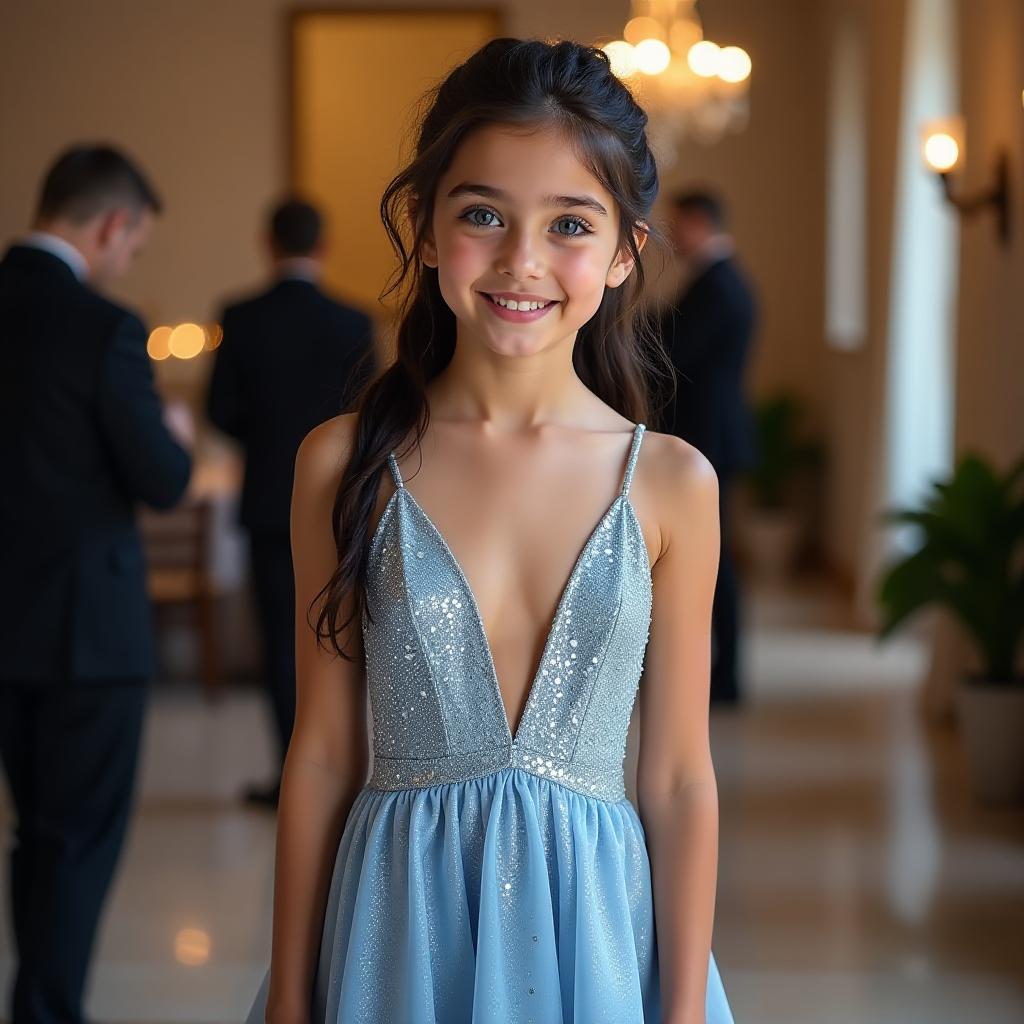  a full body image of a stunning old ist girl wearing a tight silver blue dress to her first dance at a ist resort. the gorgeous ’s blue eyes sparkle, drawing attention to her adorable like face and enchanting smile. the dress is tied around her neck and the neckline plunges dramatically below her young waist, the inner and outer edges of her pert age s. the dress of the is slit from her slim waist to the floor, the full length of her shapely youthful legs. the gorgeous 's long, black hair is pulled into a glossy ponytail that cascades down her fully bare back. the barely age girl is wearing matching high heels. her 13 