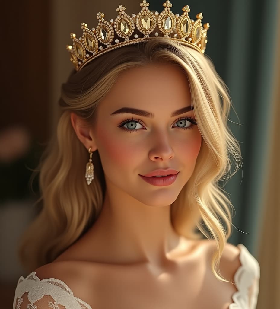  she is tall girl. she had slim hourglass, slender body. she has tanned skin. straight dirty blonde hair. she has blue eyes. she is slim. she has small upturned nose. she has jawline and diamond face shape. her height is 177cm. she is a beautiful princess. make her also look like princess, with beautoful background and her dress and crown to be with a lot of diamonds and fully golden.