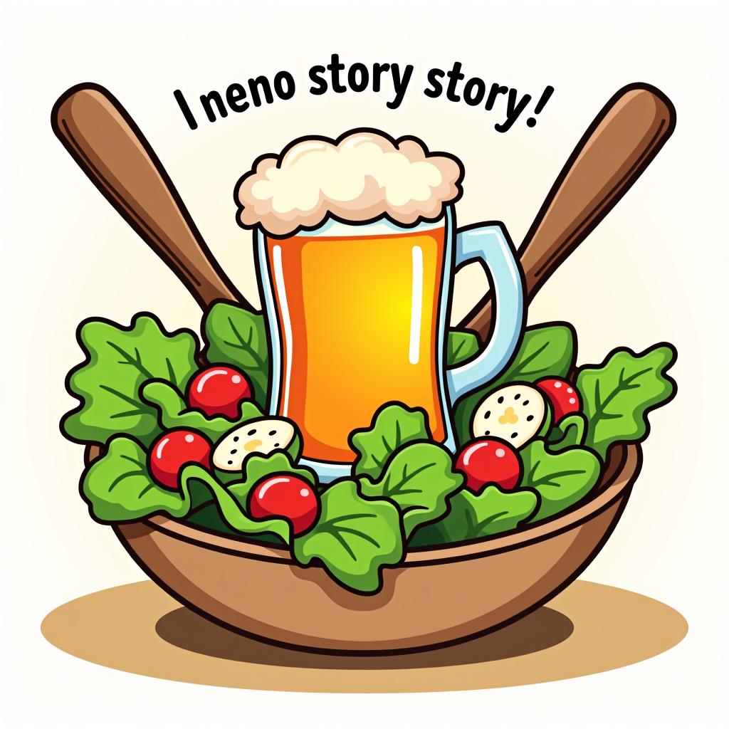  a cartoon salad crossed out, with a large beer mug in the center and the phrase 'no great story started with salad.'