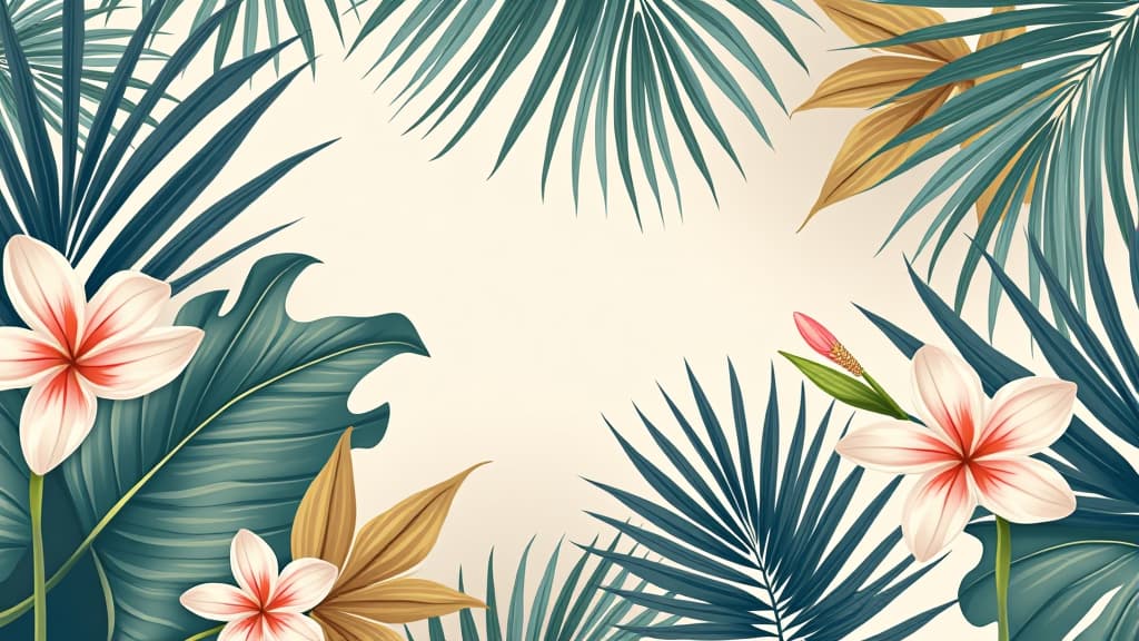  tropical floral wallpaper. illustrations of plants, palm leaves and flowers for poster, greeting card, background or invitation. muted trendy blue, beige, gold and bronze colors