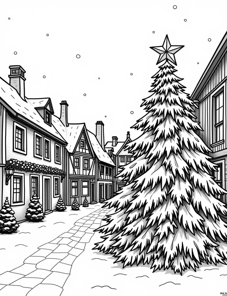  this is for an adult coloring page. a detailed black and white line art of a snowy snowy village square with a decorated christmas tree on a solid white background.