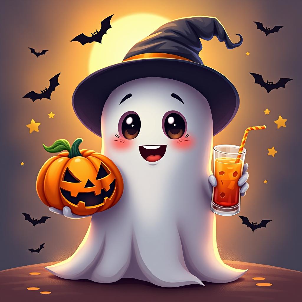  create a digital painting featuring a cute ghost character. the ghost should be wearing a hat. in one hand, the ghost should hold a pumpkin with a carved face, and in the other hand, a halloween themed drink. the background should be colorfull and include small black bats and stars to add a playful halloween touch. the overall style should be cute, whimsical, and colorful hyperrealistic, full body, detailed clothing, highly detailed, cinematic lighting, stunningly beautiful, intricate, sharp focus, f/1. 8, 85mm, (centered image composition), (professionally color graded), ((bright soft diffused light)), volumetric fog, trending on instagram, trending on tumblr, HDR 4K, 8K