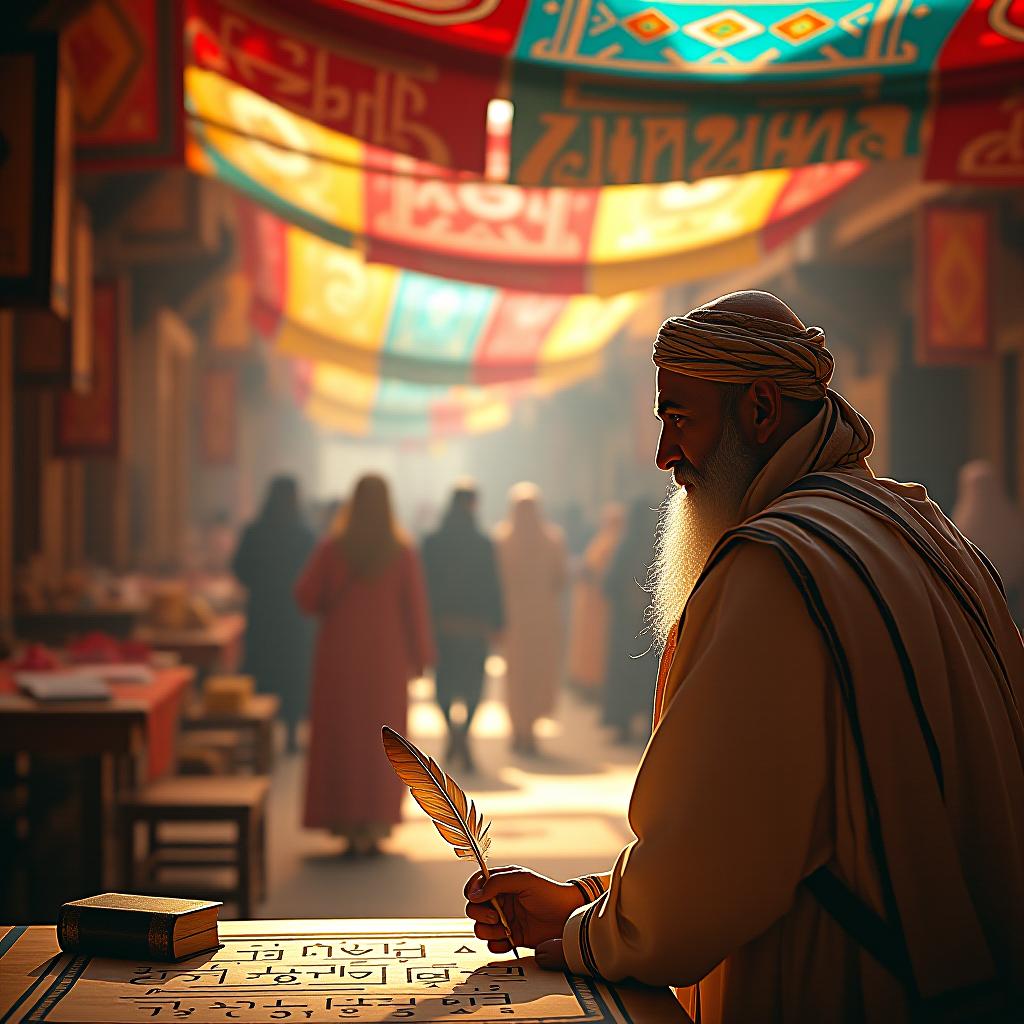  create a high quality, photorealistic image that vividly depicts the following scene: an immersive panorama in the heart of a bustling marketplace of old arabia ((the birthplace of algebra)). in focus is a vibrant geometric mural that bursts with symbolic representations of numbers meeting letters. feather quills dance across aged parchment, animatedly sketching algebraic equations. in the backdrop, al khwarizmi is portrayed inventively merging the realms of alphabets and numbers. ambient sunlight filters through the multicolored market canopy, casting a mystical glow on the scene. captured with canon eos r3, zeiss 8mm lens, f/4.0, iso 100, 1/125s, 8k resolution, raw format with realistic detail and clarity. the image should:  hyperrealistic, full body, detailed clothing, highly detailed, cinematic lighting, stunningly beautiful, intricate, sharp focus, f/1. 8, 85mm, (centered image composition), (professionally color graded), ((bright soft diffused light)), volumetric fog, trending on instagram, trending on tumblr, HDR 4K, 8K