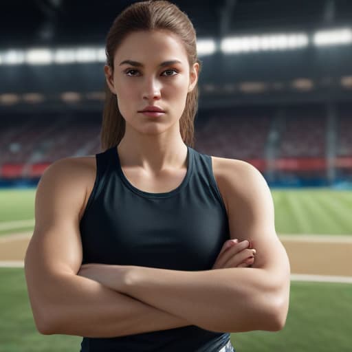 Create a hyperrealistic image of a fair-skinned woman standing with her arms crossed in a dynamic sports environment. The setting should evoke a sense of action and vitality, characteristic of a high-energy sports arena. The woman, dressed in revealing yet tasteful sports attire, should be portrayed with stunning beauty and intricate detail, emphasizing her confident pose and serious expression. The background should feature a vivid, highly detailed sports scenario, rendered in Unreal Engine style to achieve a cinematic and immersive atmosphere. Utilize cinematic lighting techniques with sharp focus achieved through an f/1.8, 85mm lens effect. The image should be professionally color graded, incorporating bright, soft diffused light and vo