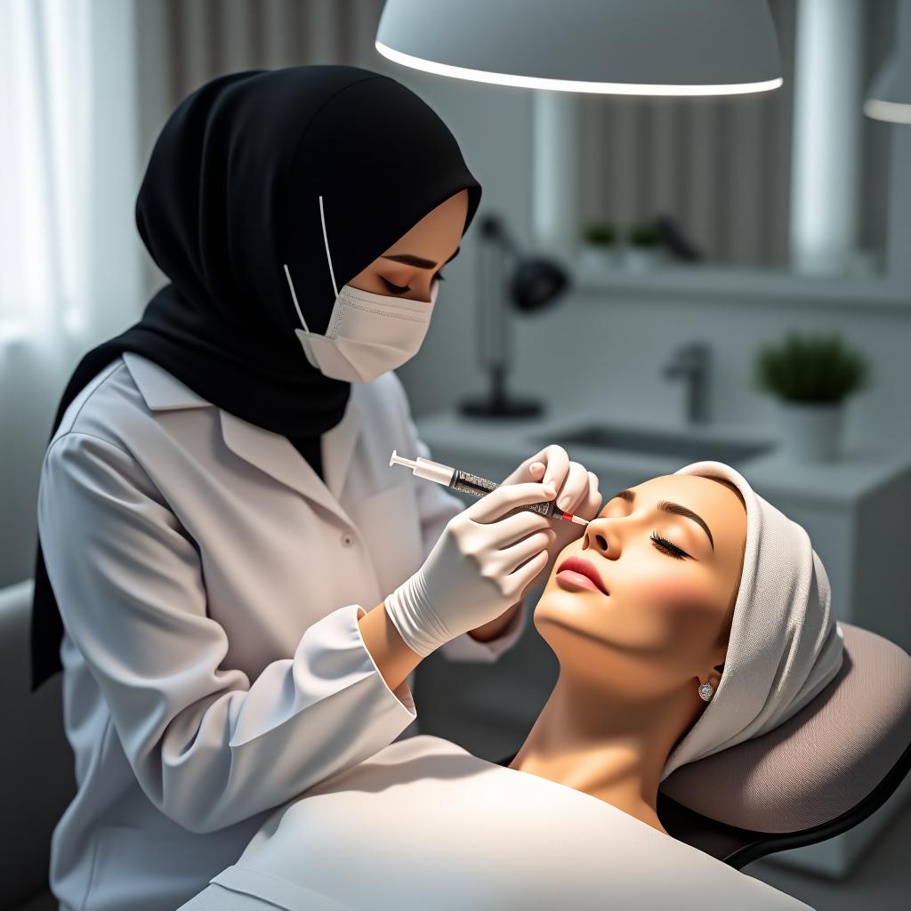  a cosmetologist girl in a black hijab without a face is injecting botox into a patient in a stylish office; everything looks shiny and beautiful, realistic.