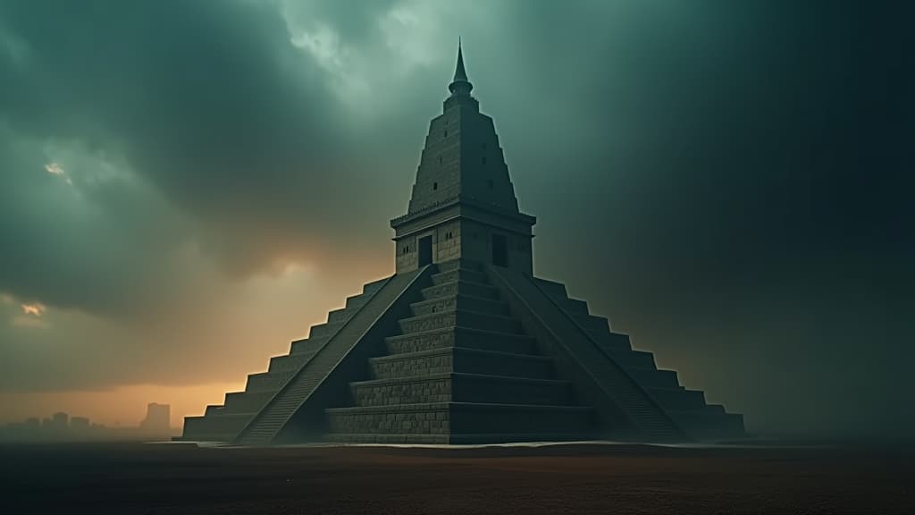  a dark and stormy sky over the tower of babel, symbolizing divine judgment and the chaos that follows human pride. hyperrealistic, full body, detailed clothing, highly detailed, cinematic lighting, stunningly beautiful, intricate, sharp focus, f/1. 8, 85mm, (centered image composition), (professionally color graded), ((bright soft diffused light)), volumetric fog, trending on instagram, trending on tumblr, HDR 4K, 8K