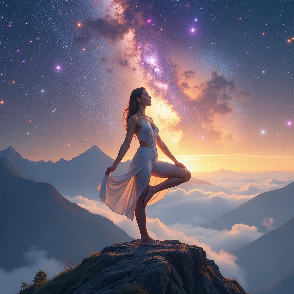  foreground: a serene figure in a flowing white yoga outfit, gracefully poised in the tree pose on a misty mountain peak, with golden light cascading down and highlighting the gentle curves of their body. the figure's eyes are closed, and a soft smile graces their face as they connect with the universe. background: a vibrant, abstract cosmos filled with swirling galaxies, neon stars, and pockets of glowing purple and blue nebulae. the sky is alive with dynamic movement and energy, contrasting starkly yet harmoniously with the tranquil scene in the foreground.