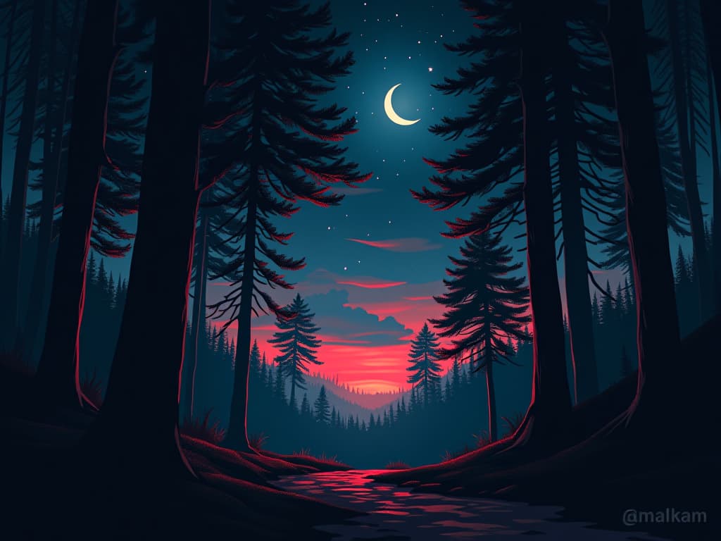  calm dark forest, night sky dotted with stars, soft light filtering through trees, serene and soothing. the style is digital art illustration / modern comic book / graphic dark novel fantasy and mysterious occult, symbolic, moody lighting, esoteric vibe,high detail on character design. for the color scheme emphasize blacks and reds.