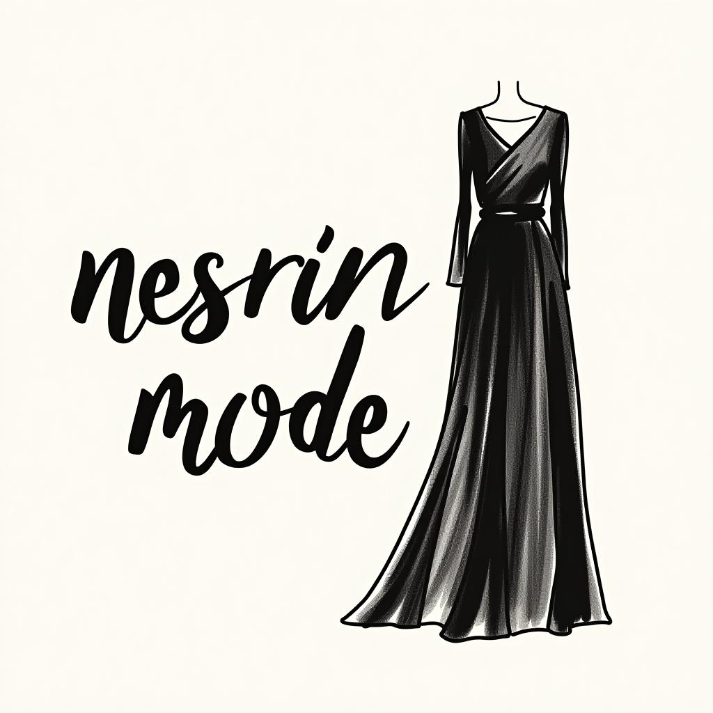  design a logo, in a abstract style. nesrin mode hintergrund schwarz schrift weiß schreibschrift neben ein gezeichnetes langes kleid , with the text 'nesrin mode '.