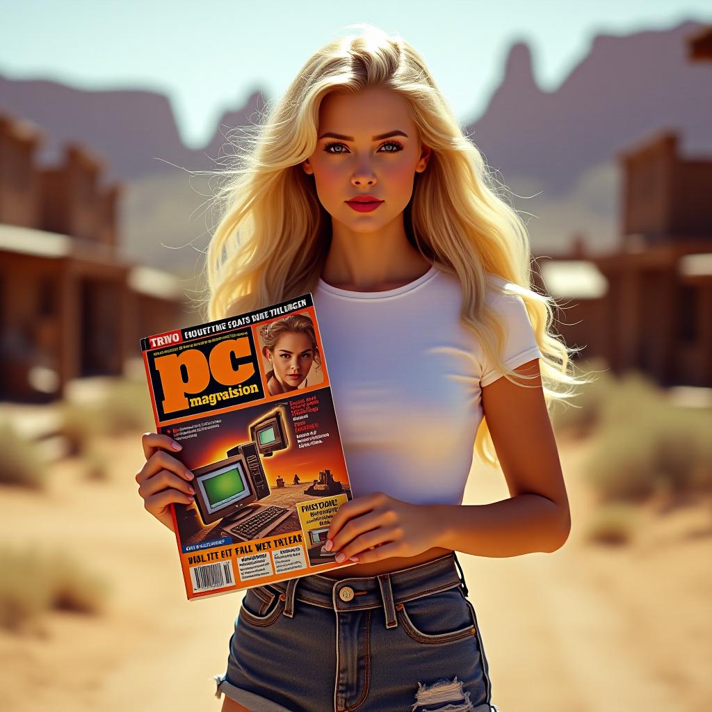  high quality, a captivating photo of a beautiful blond lady with long hair from the 1990s, standing in the rugged landscape of the wild west. she has voluminous, long blond hair, styled in the iconic fashion of the 90s, she wears a pair of high waisted denim shorts and a form fitting white t shirt that hugs her figure, typical of 90s casual style. in her hands, she holds a vintage 1990s edition of 'pc magazine,' with bold, colorful text on the cover that reads "astravision ai". the magazine cover features retro computer graphics and futuristic ai themed designs, blending the 90s tech aesthetic with the raw, untamed beauty of the wild west. the background showcases a dusty, sunlit western town, complete with wooden buildings and wide open sk