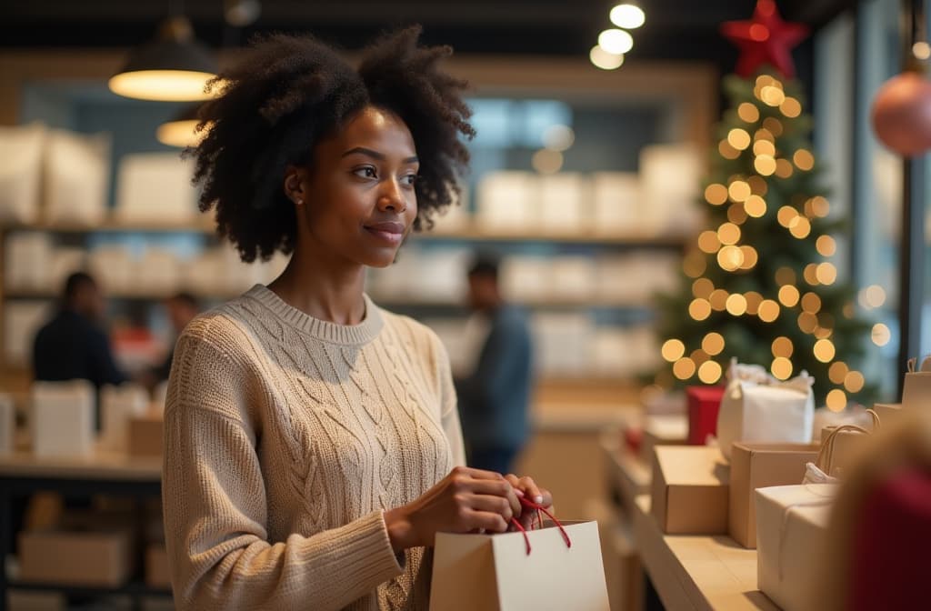  advertising style, stock photo, corporate branding style dark skinned woman in sweater with craft bags at checkout in store. christmas tree blurred in background . professional, clean, modern, product focused, commercial, eye catching, minimalist, business oriented, highly detailed