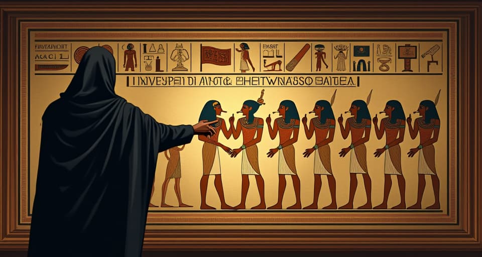  figure pointing at a mural depicting malicious gossipers, hieroglyphs explaining their darkness, understanding dawning.. the style is digital art illustration / modern comic book / mysterious occult, symbolic, esoteric vibe,high detail on character design, incorporating ancient egyptian symbology and attire.