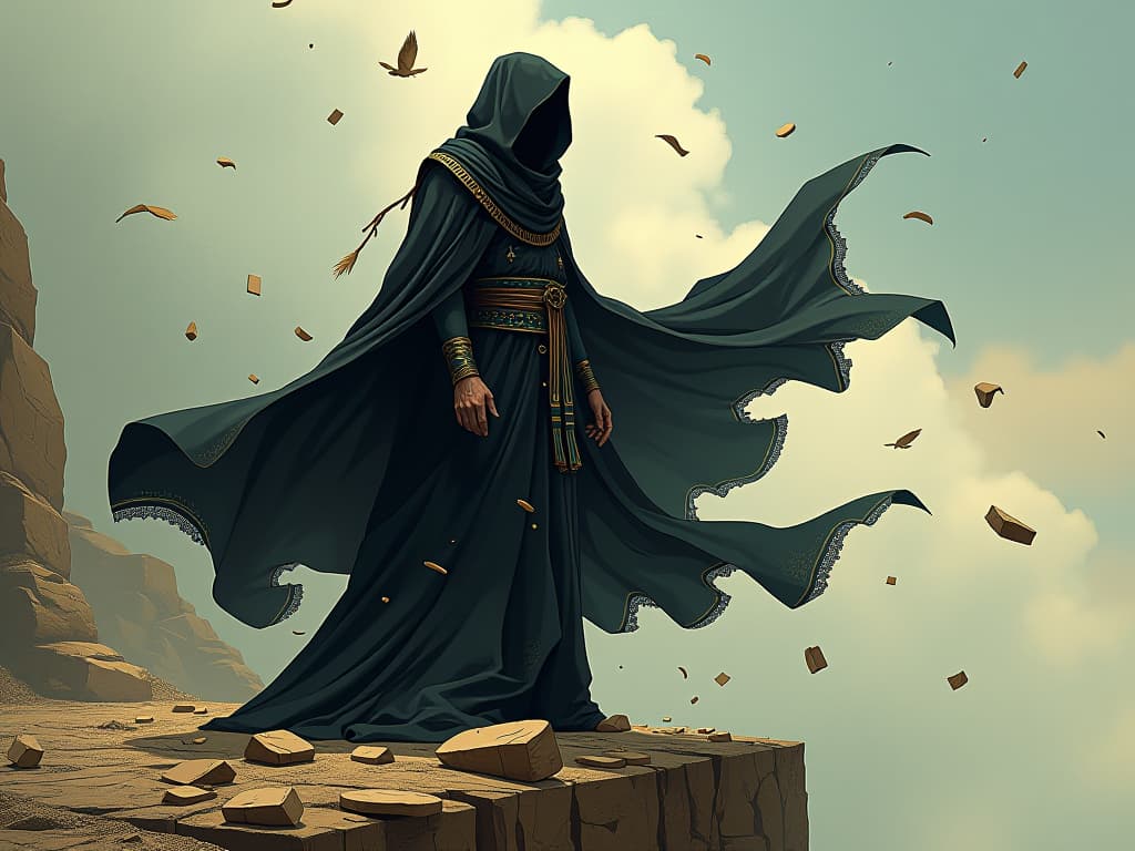  figure shrouded in dark robes, standing at a cliff's edge, wind blowing, representing emotional debris being cleared away. the style is digital art illustration / modern comic book / mysterious occult, symbolic, esoteric vibe,high detail on character design, incorporating ancient egyptian symbology and attire.