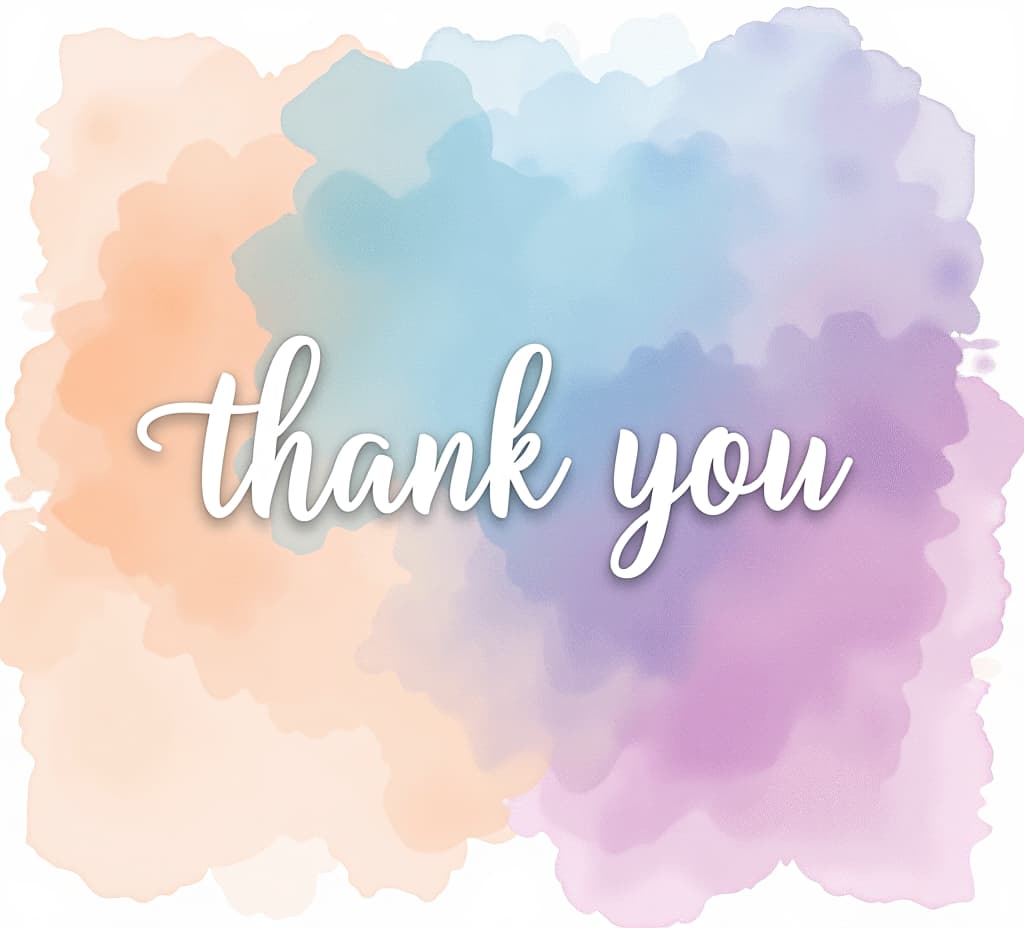  abstract watercolor in pastel peach, light blue, and lilac. "thank you" in modern white sans serif font stands out in the center, with light swirling edges.