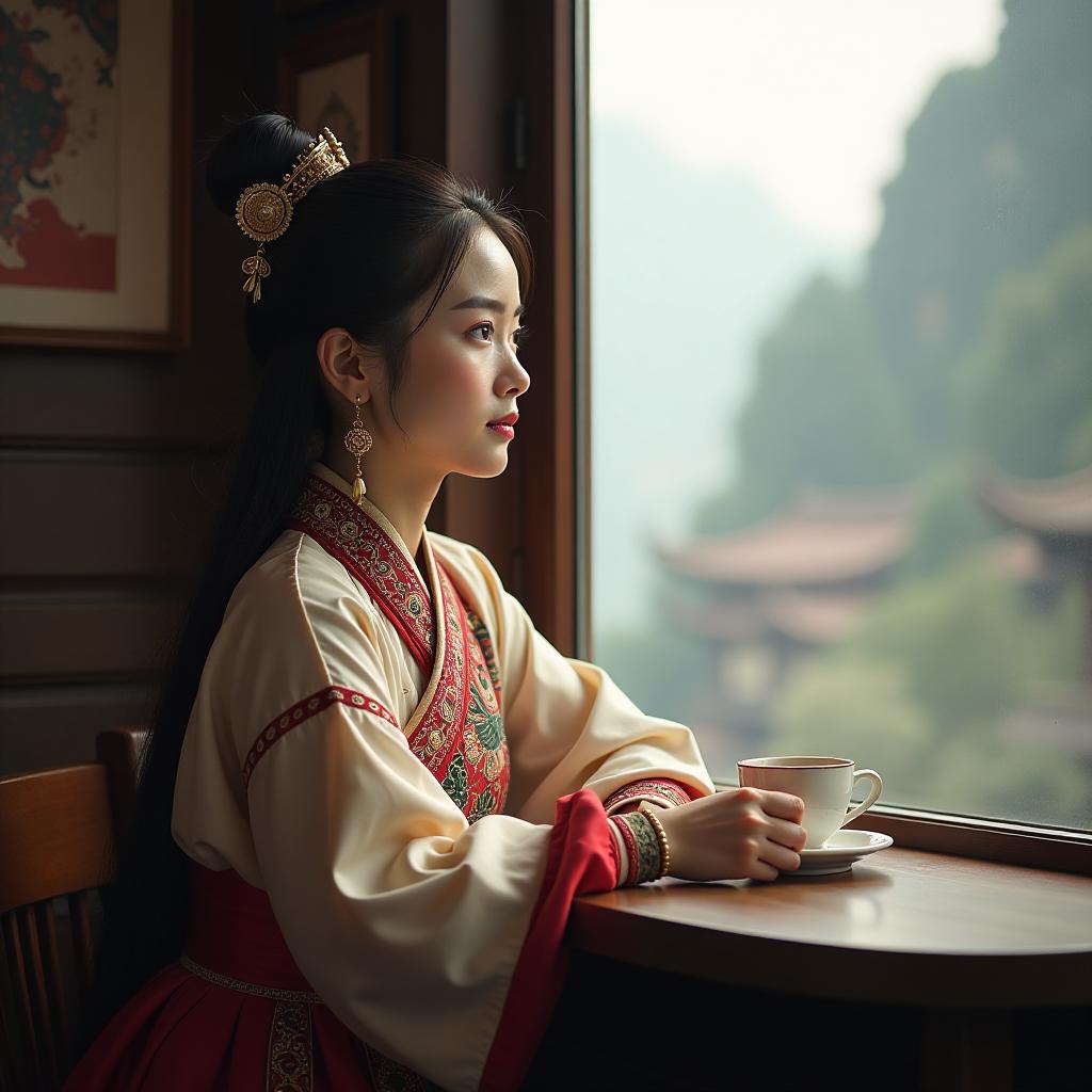  a girl from altai, an asian, in a traditional costume sits in a coffee shop in china and enjoys the view from the window. hyperrealistic, full body, detailed clothing, highly detailed, cinematic lighting, stunningly beautiful, intricate, sharp focus, f/1. 8, 85mm, (centered image composition), (professionally color graded), ((bright soft diffused light)), volumetric fog, trending on instagram, trending on tumblr, HDR 4K, 8K