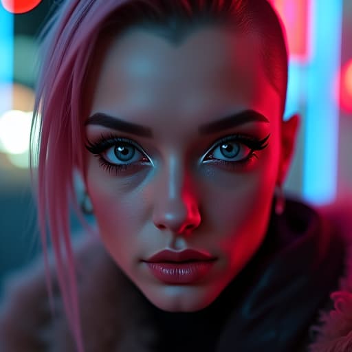  ultra realistic close up portrait ((beautiful pale cyberpunk female with heavy black eyeliner)), blue eyes, shaved side haircut, hyper detail, cinematic lighting, magic neon, dark red city, canon eos r3, nikon, f/1.4, iso 200, 1/160s, 8k, raw, unedited, symmetrical balance, in frame, 8k hyperrealistic, full body, detailed clothing, highly detailed, cinematic lighting, stunningly beautiful, intricate, sharp focus, f/1. 8, 85mm, (centered image composition), (professionally color graded), ((bright soft diffused light)), volumetric fog, trending on instagram, trending on tumblr, HDR 4K, 8K