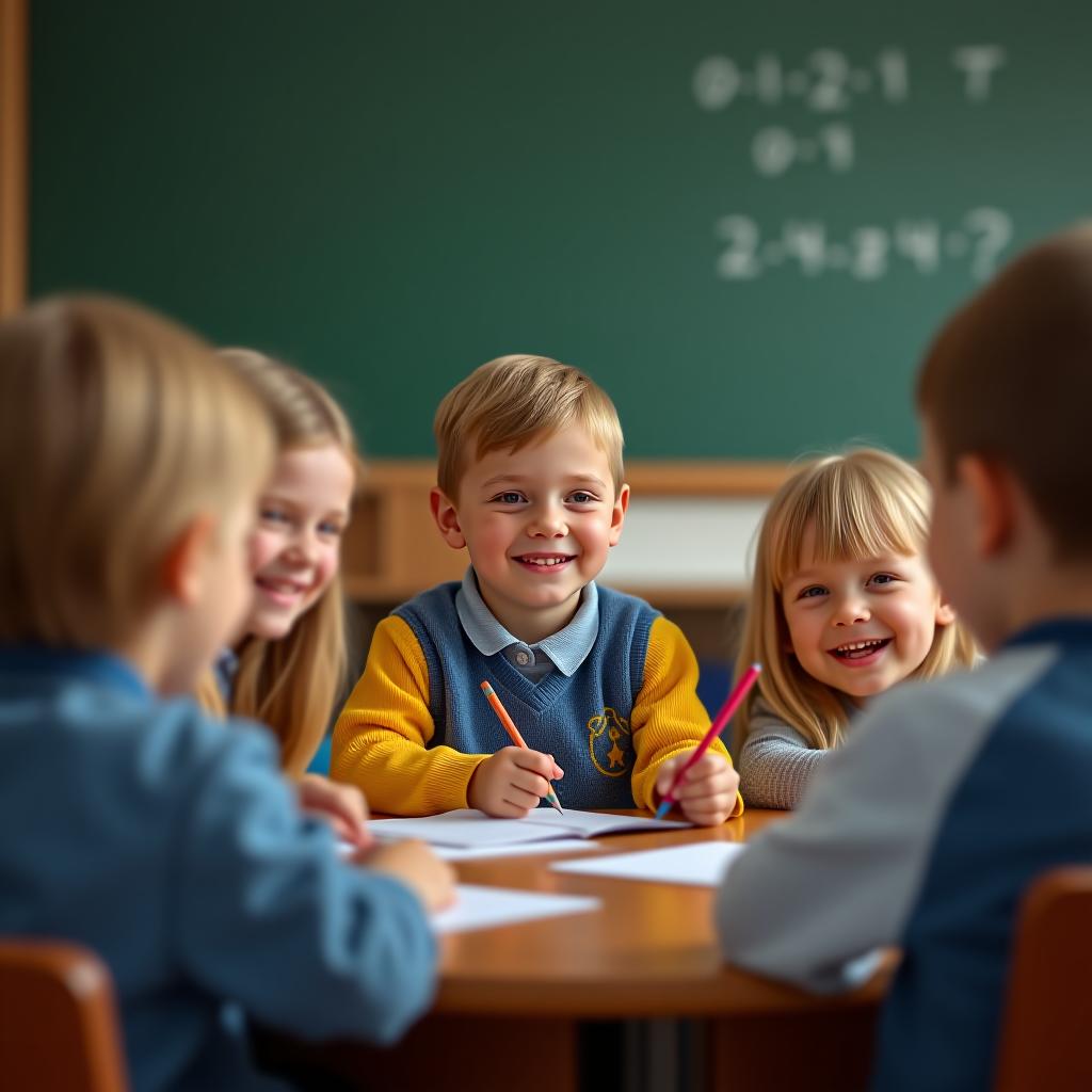  happy schoolchildren in a math lesson, slavic appearance.