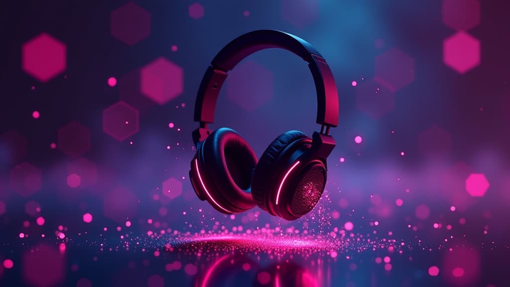  neon black wireless headphones levitate on digital background, magic dust, hexagon soft bokeh {prompt}, maximum details