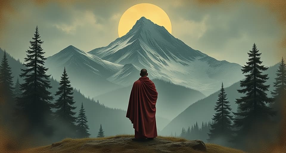  humility embodied in a humble monk standing before a mountain, peaceful demeanor, natural surroundings, understated power, tranquil energy. an illustration in the style of a worn, mystical old tarot trump card, mysterious and elements of surrealism. the colors are muted, somber and eerie, but with contrast bring out an occult and esoteric vibe.