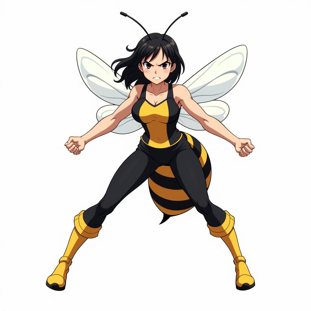  a woman transformed into a bee stands in an aggressive pose against a white background. her insect tail, oval shaped and black and yellow, curves forward prominently in front of her body. she is depicted mid flight, tilted slightly, with her legs down and arms outstretched, fists clenched in anger. her expression is fierce, with narrowed eyes directly facing the viewer and a frown emphasizing her irritation. she wears a striking black and yellow top paired with matching pants, enhancing her bee like appearance. the stinger is short and thin, adding to her insectoid features while maintaining an engaging anime aesthetic.