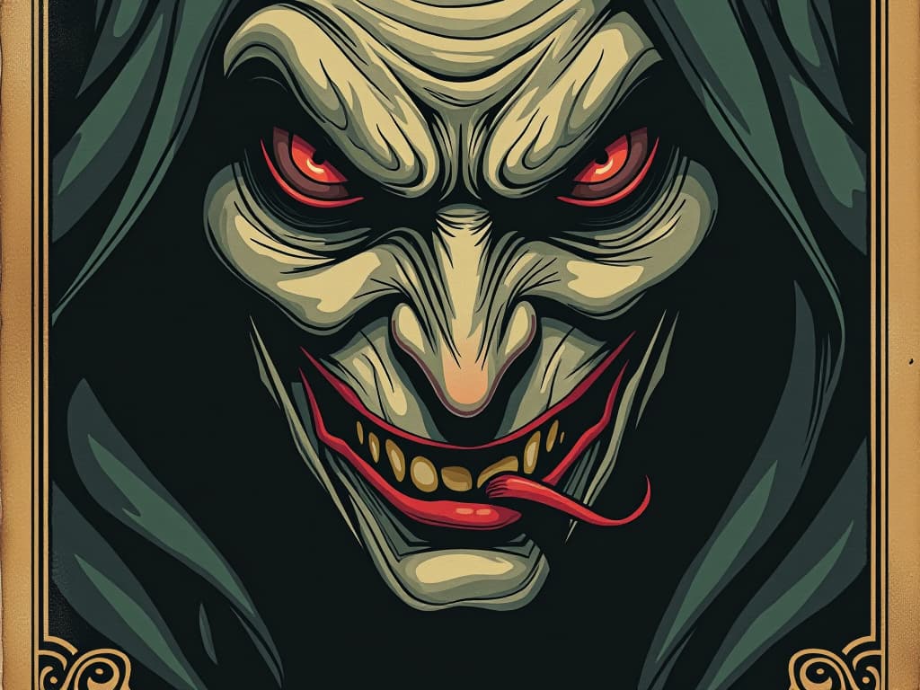  close up of a sinister face whispering, malevolent grin, dark backdrop, curling lips, muted tones, insidious. an illustration in the style of a worn, mystical old tarot trump card, mysterious and elements of surrealism. the colors are muted, somber and eerie, but with contrast bring out an occult and esoteric vibe.