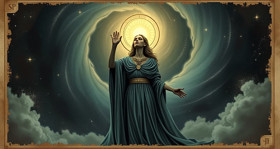  a celestial guide holding a radiant orb, surrounded by spiraling galaxies, ethereal starry backdrop, uplifted arm indicating divinity, cosmic connection, divine guidance, otherworldly, serene. an illustration in the style of a worn, mystical old tarot trump card, mysterious and elements of surrealism. the colors are muted, somber and eerie, but with contrast bring out an occult and esoteric vibe.