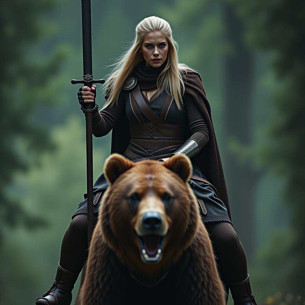  cinematic film still a warrior maiden with a sword in her hand riding a brown bear . shallow depth of field, vignette, highly detailed, high budget, bokeh, cinemascope, moody, epic, gorgeous, film grain, grainy