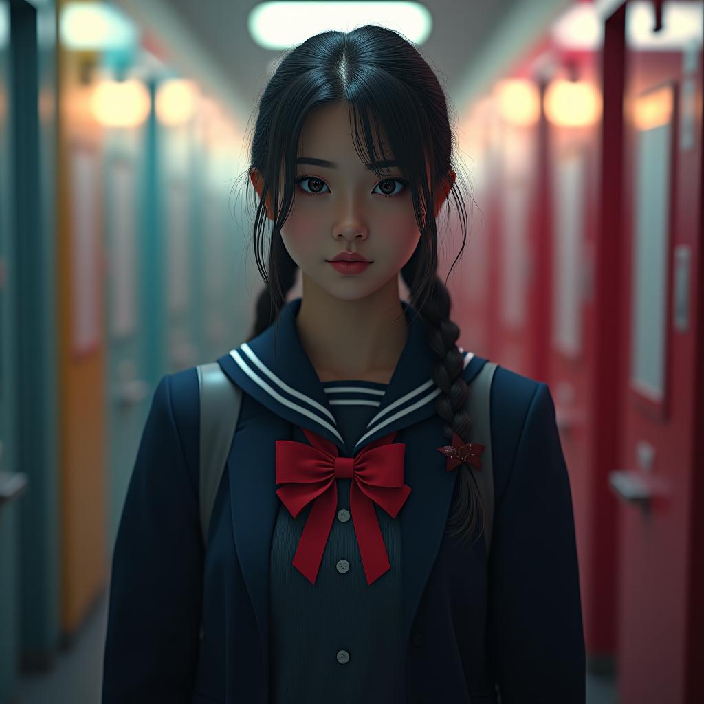  high school student, bully girl, school uniform hyperrealistic, full body, detailed clothing, highly detailed, cinematic lighting, stunningly beautiful, intricate, sharp focus, f/1. 8, 85mm, (centered image composition), (professionally color graded), ((bright soft diffused light)), volumetric fog, trending on instagram, trending on tumblr, HDR 4K, 8K