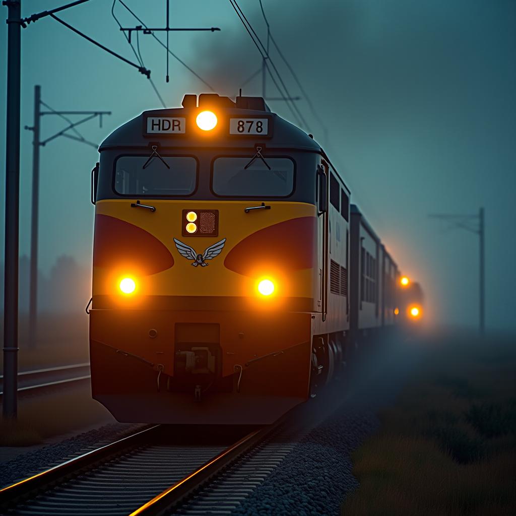  passenger train. with $stelai written on it hyperrealistic, full body, detailed clothing, highly detailed, cinematic lighting, stunningly beautiful, intricate, sharp focus, f/1. 8, 85mm, (centered image composition), (professionally color graded), ((bright soft diffused light)), volumetric fog, trending on instagram, trending on tumblr, HDR 4K, 8K