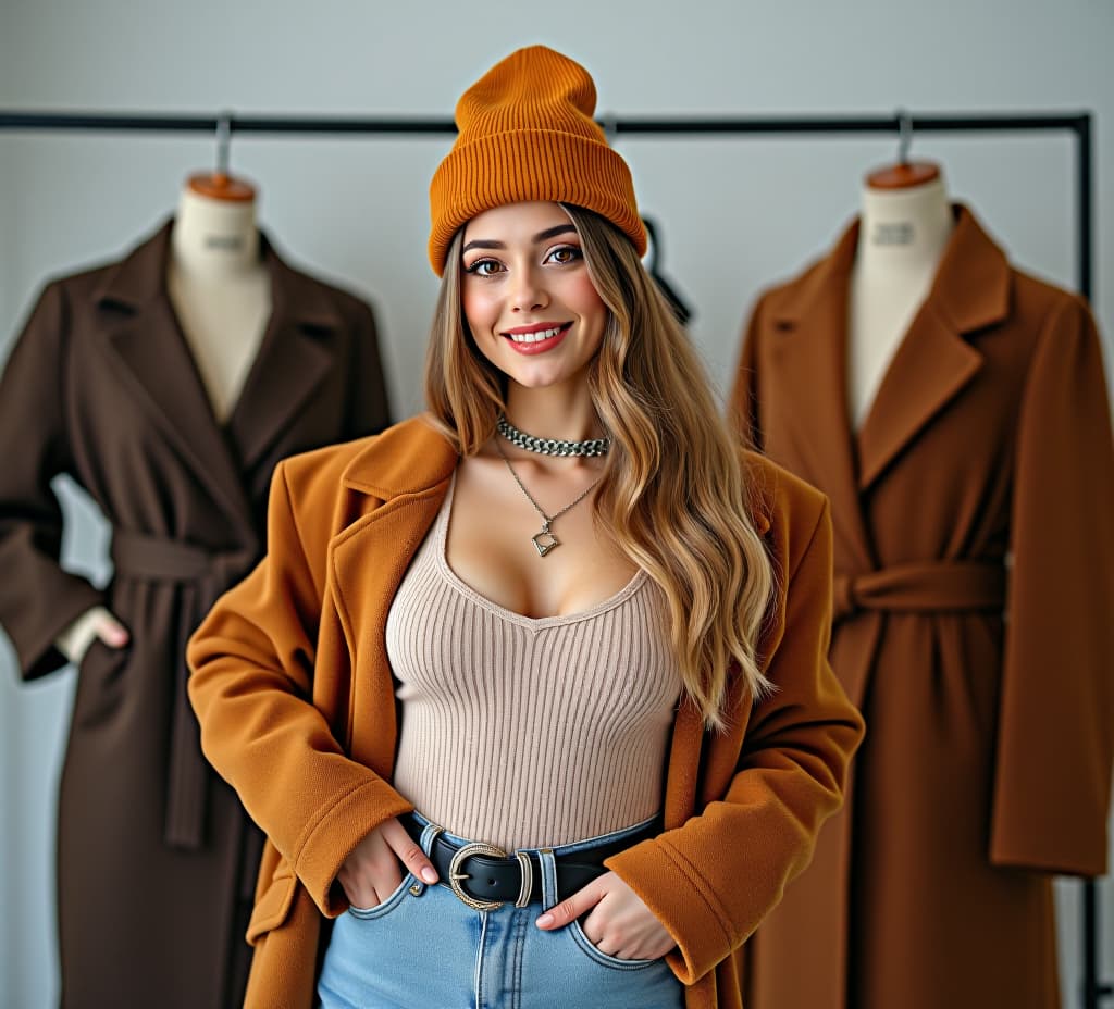  portrait of a young female asian fashionista trying on outfits and posing with them in a studio