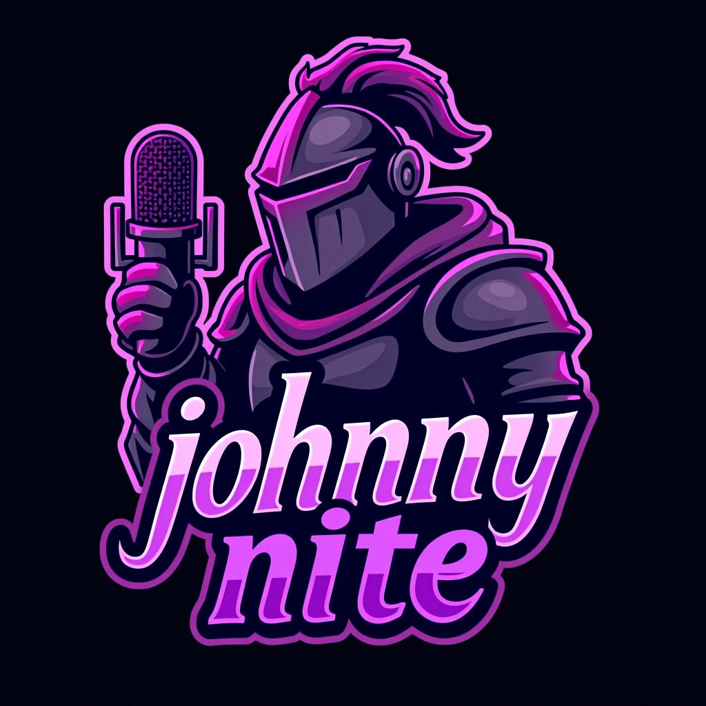  design a logo, in a threedrender style. knight with a gaming mic graffiti purple and black, with the text 'johnny nite'.