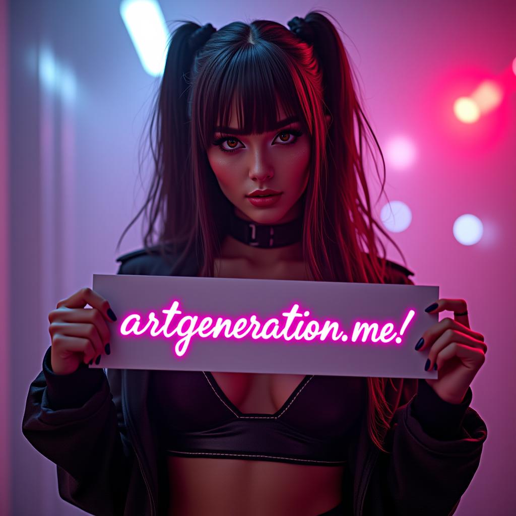  a beautiful woman in cyberpunk style holds a sign with calligraphic text "artgeneration.me!" hyperrealistic, full body, detailed clothing, highly detailed, cinematic lighting, stunningly beautiful, intricate, sharp focus, f/1. 8, 85mm, (centered image composition), (professionally color graded), ((bright soft diffused light)), volumetric fog, trending on instagram, trending on tumblr, HDR 4K, 8K