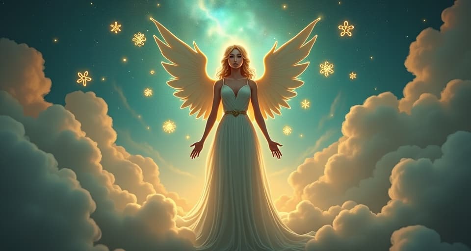  ethereal being standing with a celestial weight on shoulders, surrounded by floating, glowing symbols. enchanted atmosphere of responsibility and duty.. the style is digital art illustration,highly detailed, whimsical,magical, dreamlike atmosphere, realism and fantasy blend, smooth, glossy textures,luminous quality, wonder and enchantment.