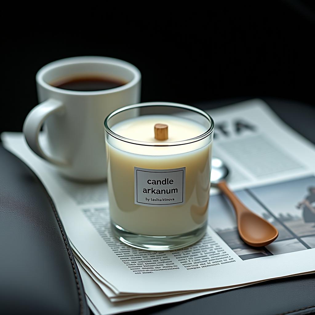  you are a professional photographer. take a photograph of a candle in a glass holder with a wooden wick and a white label that says: candle arkanum by tasha klimova. the still life should be on the front seat of a car, alongside coffee and an english language newspaper.