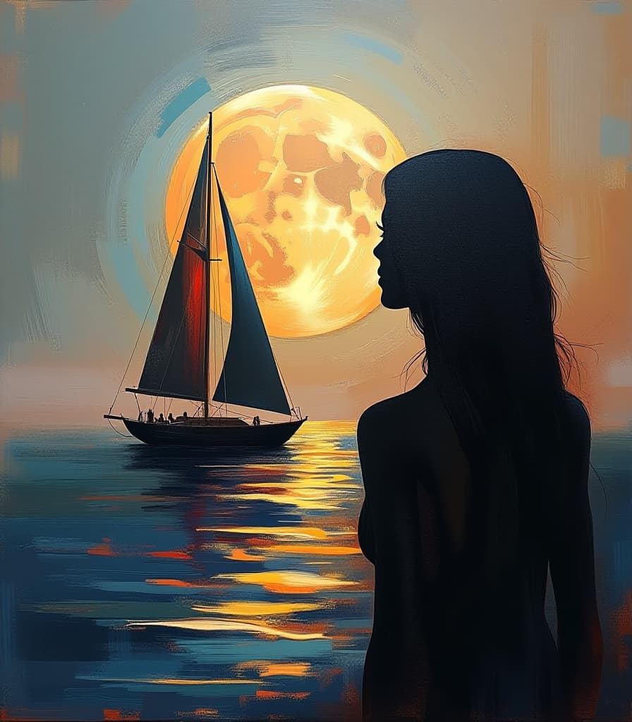  abstract expressionist painting expressionist acryl painting (double exposure:1.3) captures a serene scene of a dreaming woman (dark silhouette:1.2) in the foreground, a sailboat on the water with a large, detailed view of the moon in the background. the moon appears disproportionately large compared to the boat, that creates the sense of depth. the sunset sky has an orange and gray hue. perfect composition, beautifully detailed. the overall composition creates a peaceful and almost surreal atmosphere, with the sailboat seemingly sailing towards the moon. the contrast between the dark silhouette of the long haired woman and the bright, glowing moon adds to the visual impact of the image. . energetic brushwork, bold colors, abstract forms, 