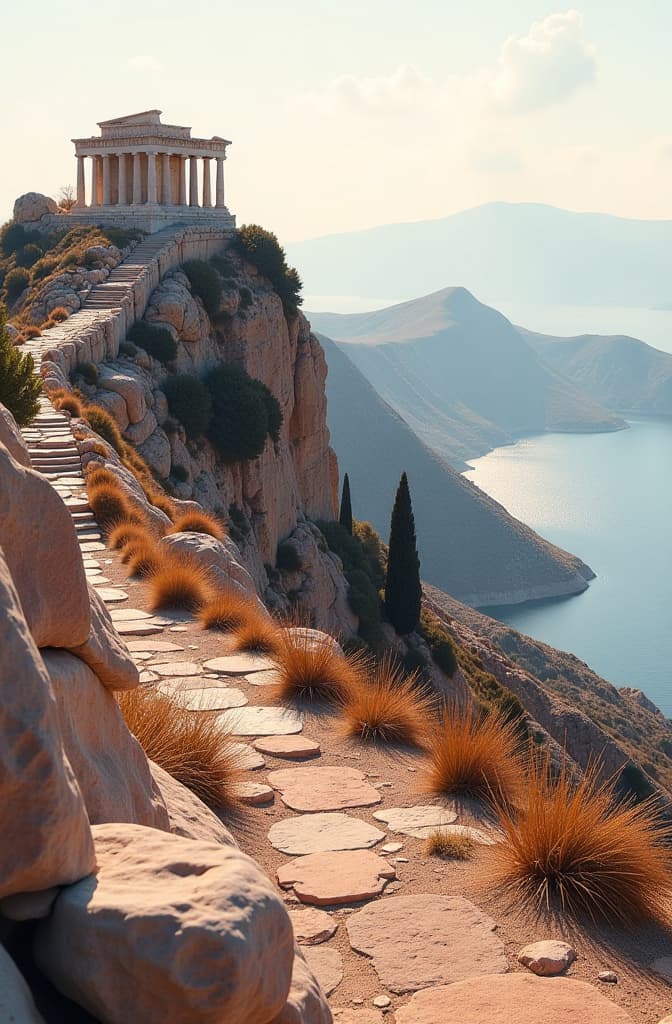  a panorama of multi colored, weathered, translucent stones cover a steep slope. at the top are greek ruins. on the other side is a nearly dried up lake, with more ruins. the air, atmosphere is a thick red. hyperrealistic, full body, detailed clothing, highly detailed, cinematic lighting, stunningly beautiful, intricate, sharp focus, f/1. 8, 85mm, (centered image composition), (professionally color graded), ((bright soft diffused light)), volumetric fog, trending on instagram, trending on tumblr, HDR 4K, 8K