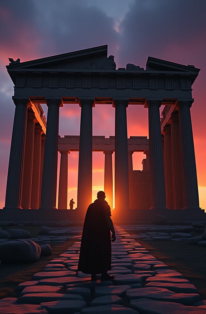  a majestic, ancient greek temple at twilight, with the figure of odysseus standing at the entrance, his face filled with determination. the sky is a gradient of deep purples and oranges, casting long, mysterious shadows., high quality high detail painting by rembrandt, hd, photorealistic lighting, style of rembrandt hyperrealistic, full body, detailed clothing, highly detailed, cinematic lighting, stunningly beautiful, intricate, sharp focus, f/1. 8, 85mm, (centered image composition), (professionally color graded), ((bright soft diffused light)), volumetric fog, trending on instagram, trending on tumblr, HDR 4K, 8K