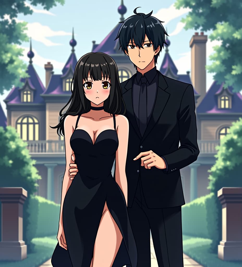  **foreground:** **uraraka** stands at the center, dressed in an elegant yet slightly provocative black dress (like the one from her lessons), symbolizing her transformation into her new role. her posture is both confident and slightly hesitant, reflecting her inner conflict. **izuku** stands slightly behind and to the side of her, dressed in a sharp, black suit. his arm is loosely around her waist, symbolizing both protection and the subtle claim he has over her. his expression is calm, but his eyes convey a sense of admiration and strength. **the wedding rings** on their fingers are subtly visible, hinting at their arranged marriage and the bond that forms between them. **background:** a **lavish mansion** looms in the background,