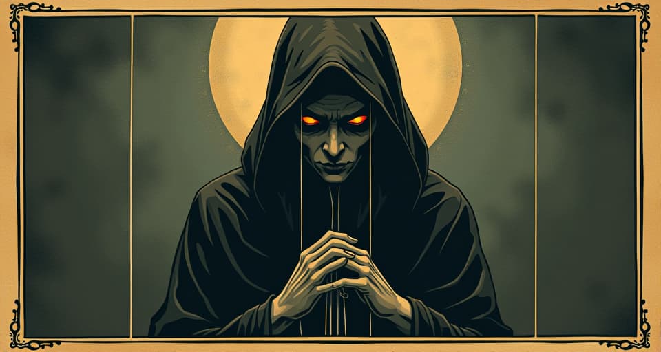  enigmatic figure, eyes glowing with clarity, manipulative strings severed, free from control, knowing, liberated. an illustration in the style of a worn, mystical old tarot trump card, mysterious and elements of surrealism. the colors are muted, somber and eerie, but with contrast bring out an occult and esoteric vibe.