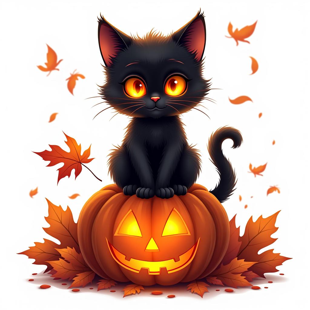  a cute black cat with glowing eyes sitting on a pumpkin, surrounded by swirling autumn leaves in a whimsical style, with warm, moody lighting. t shirt design, vector, contour, white background, no mockup hyperrealistic, full body, detailed clothing, highly detailed, cinematic lighting, stunningly beautiful, intricate, sharp focus, f/1. 8, 85mm, (centered image composition), (professionally color graded), ((bright soft diffused light)), volumetric fog, trending on instagram, trending on tumblr, HDR 4K, 8K