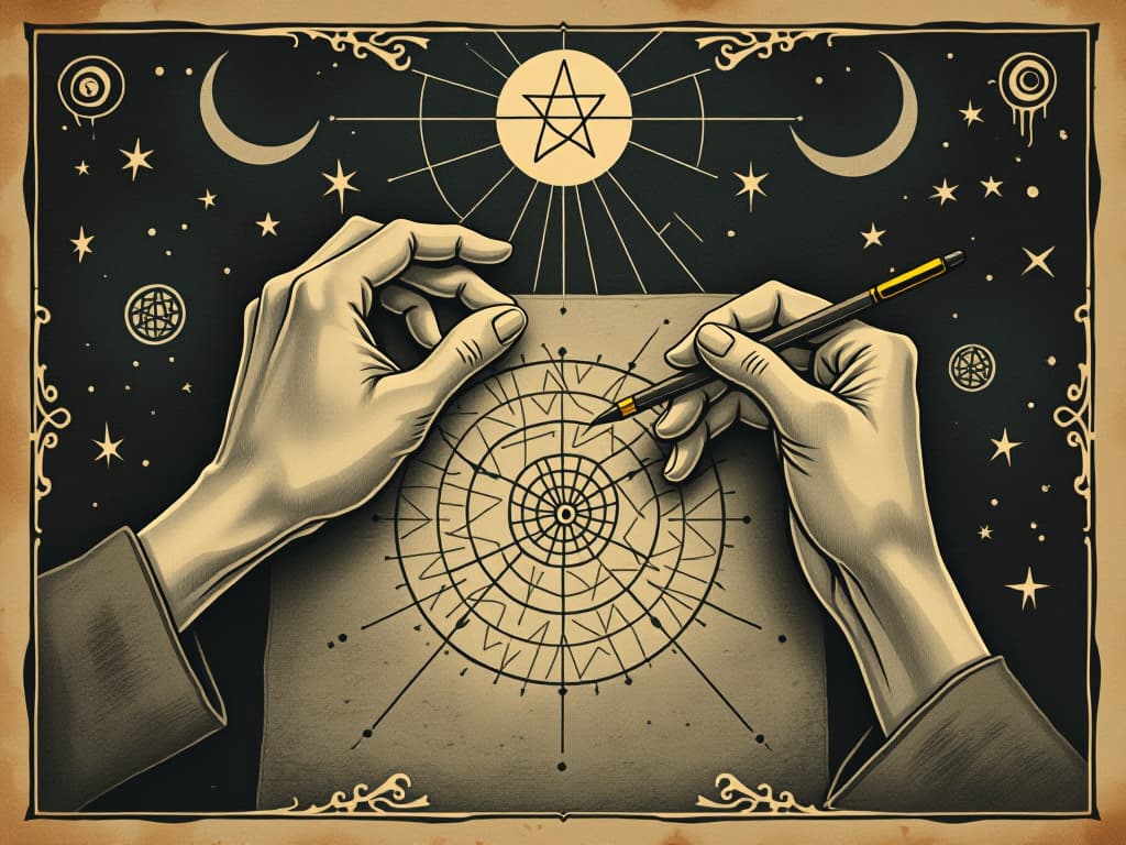  hands sketching a celestial pattern, elegant and purposeful, surrounded by floating symbols, energy streams connecting the hands to the canvas, otherworldly focus. an illustration in the style of a worn, mystical old tarot trump card, mysterious and elements of surrealism. the colors are muted, somber and eerie, but with contrast bring out an occult and esoteric vibe.