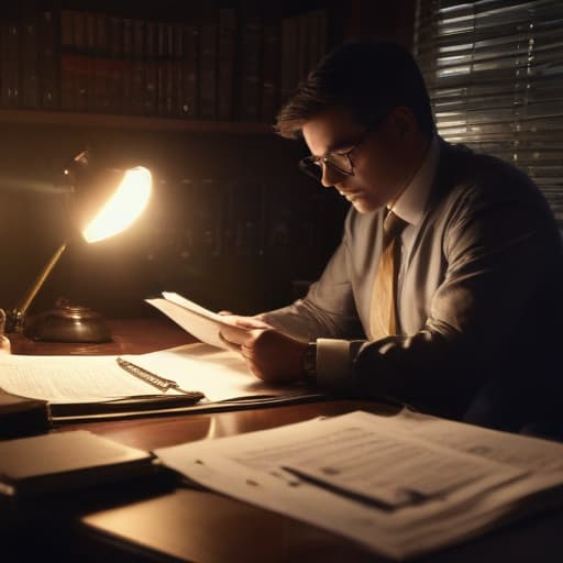 A photo of a Car Accident Attorney reviewing case files in a dimly lit law office during early evening, with a single desk lamp casting long shadows across the room, highlighting the attorney's focused expression and emphasizing the importance of the work they do to seek justice for their clients.