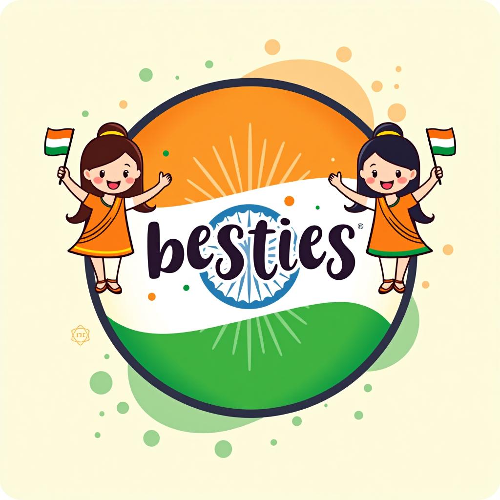  design a festive and cheerful profile picture logo for a group named 'besties' to celete independence day in india. the logo should include vint colors ociated with the indian flag (saffron, white, and green) and feature a cute and in the corners, dressed in traditional indian attire or holding small flags. the central part of the logo should have 'besties' written in a fun, font. add subtle independence day elements, like a backdrop of fireworks or the ashoka chakra, to emphasize the celetion. the overall design should be lively, engaging, and full of patriotic spirit