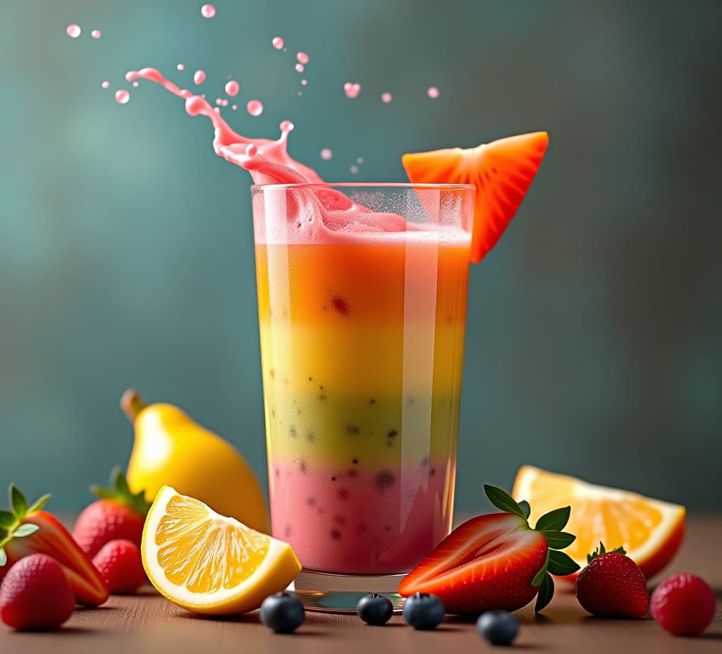  fruits with slices and juice splash in rainbow colors flying smoothie