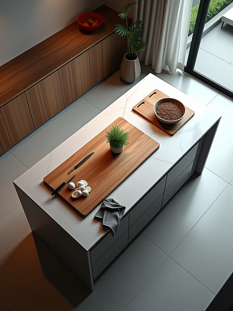  high quality portrait photo of an overhead view of a contemporary kitchen island with built in cutting boards, knife storage, and a compost bin, all seamlessly integrated into the sleek design hyperrealistic, full body, detailed clothing, highly detailed, cinematic lighting, stunningly beautiful, intricate, sharp focus, f/1. 8, 85mm, (centered image composition), (professionally color graded), ((bright soft diffused light)), volumetric fog, trending on instagram, trending on tumblr, HDR 4K, 8K