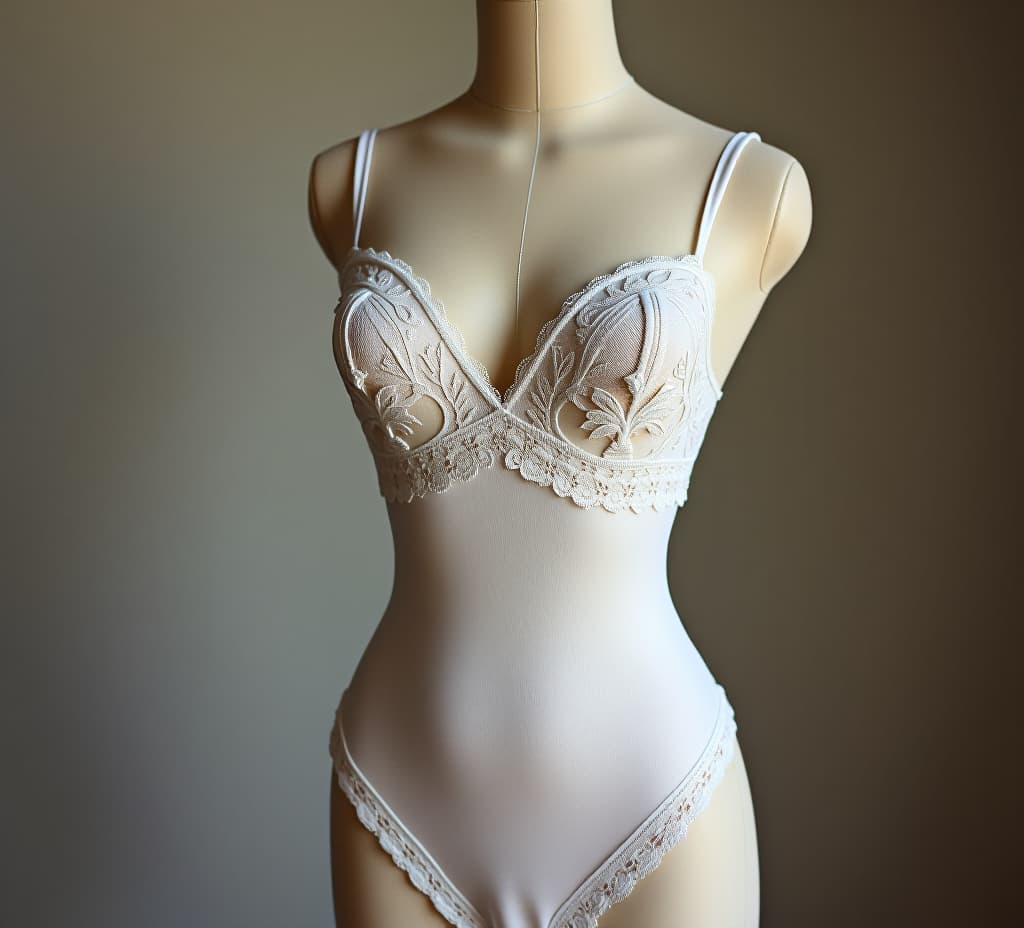  a mannequin displays intricate lace lingerie with floral patterns, embodying grace and sophistication in bridal fashion